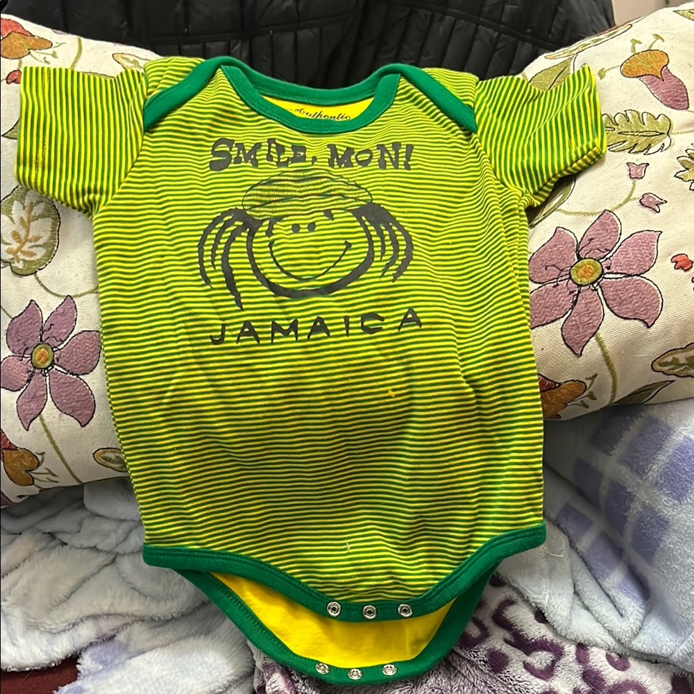 Lime Green and Yellow Striped Bodysuit with Cheerful Graphic